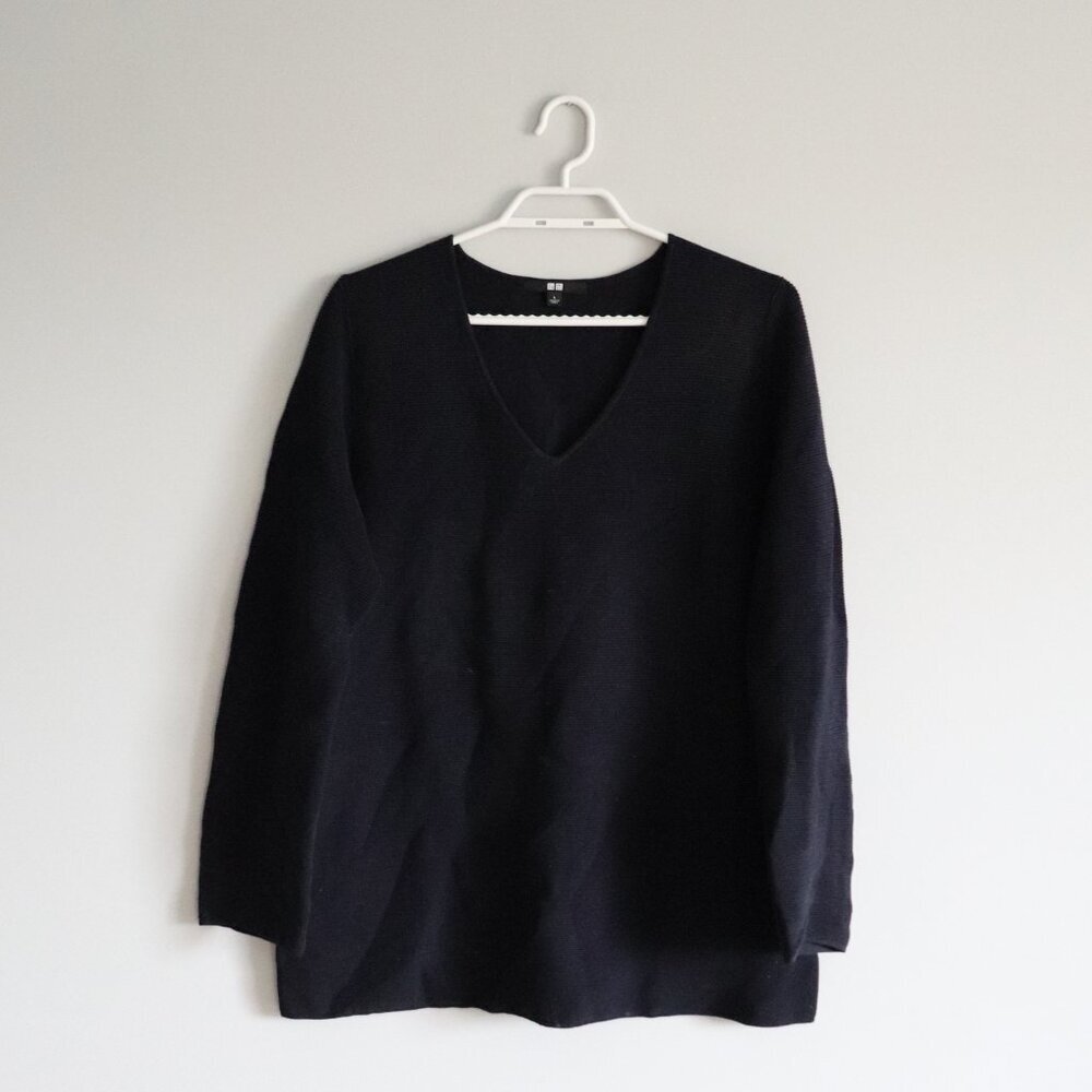 Uniqlo Men's Sz Lrg Blue V-Neck Ribbed Stretch Long‎ Sleeve Pullover Sweater